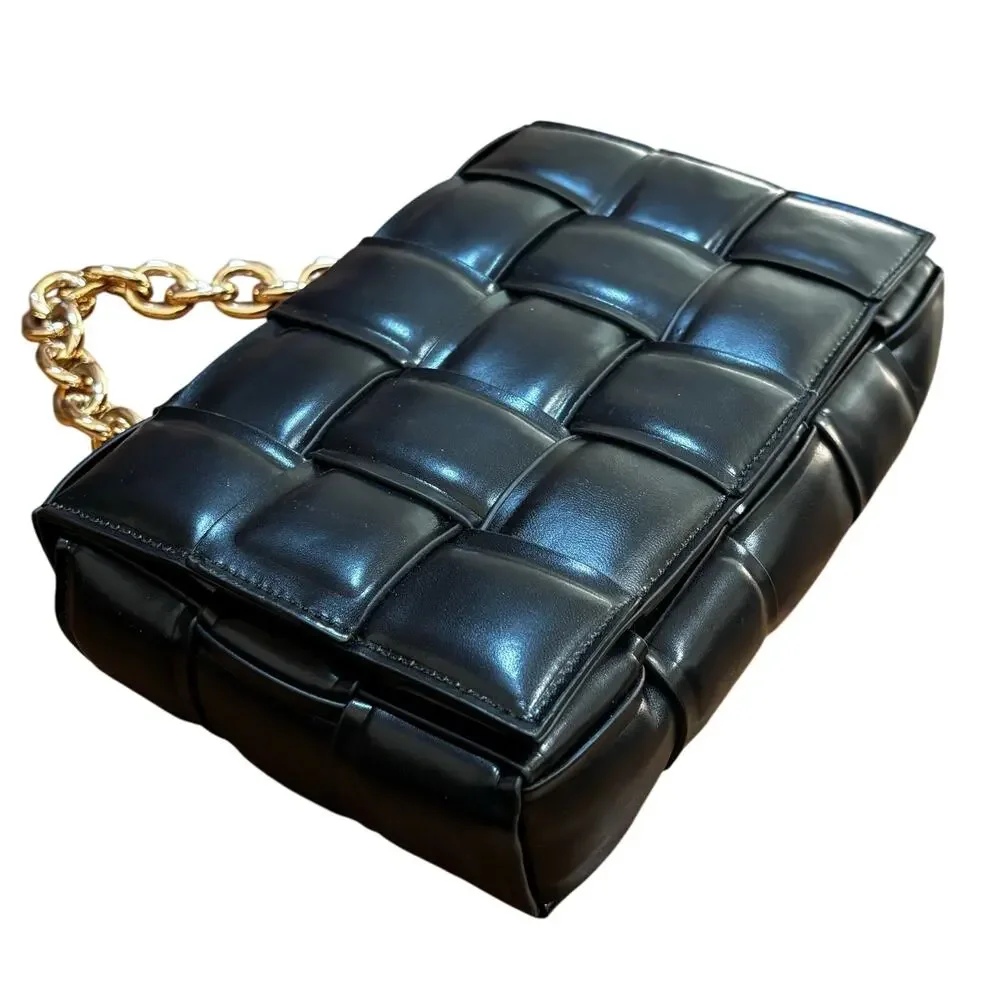 Black faux leather quilted puffy purse chunky gold chain top handle satchel